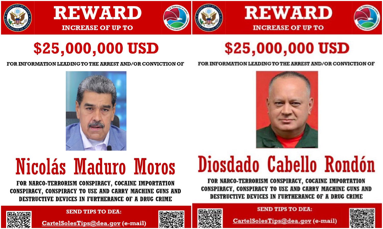 Estados Unidos aumenta a 25 millones de dólares la recompensa por captura de Nicolás Maduro y otros miembros del gobierno venezolano