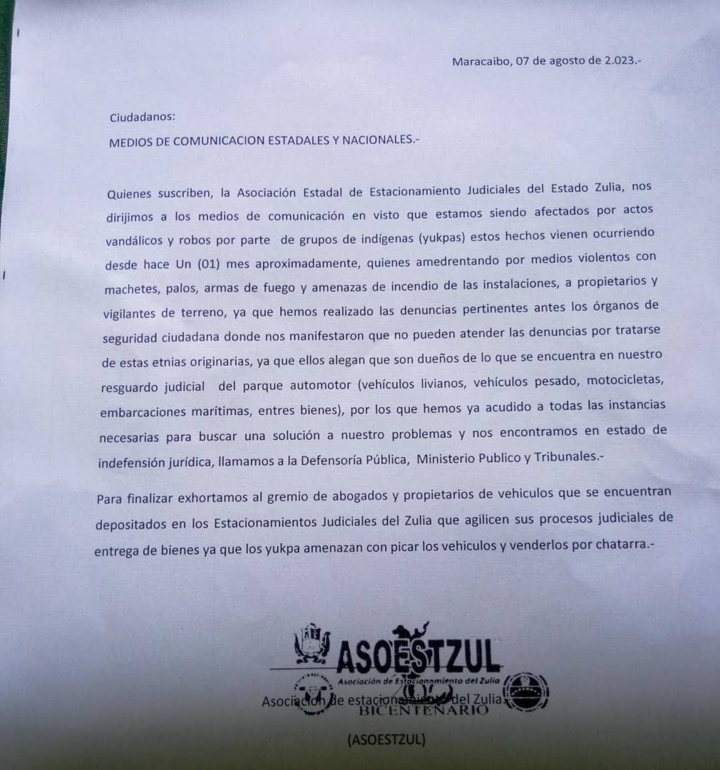 Carta Indígenas Estacionamientos Judiciales Zulia